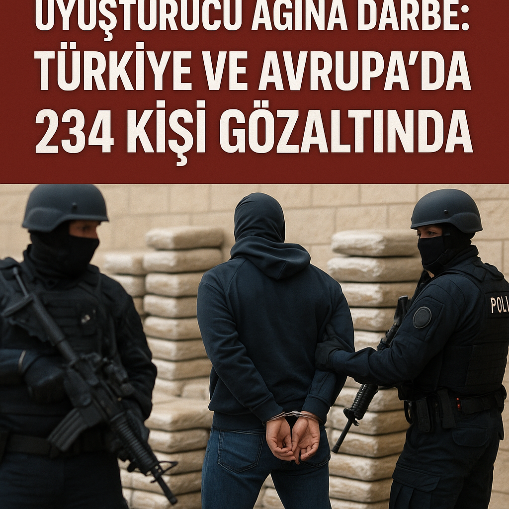 Polis ekipleri, uyuşturucu kaçakçılığı operasyonunda bir zanlıyı gözaltına alıyor; arka planda uyuşturucu paketleri istiflenmiş şekilde duruyor.