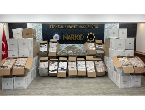 İstanbul'daki "Narkokapan-2" operasyonunda ele geçirilen uyuşturucu hapların yanında nöbet tutan bir Türk polis memuru.